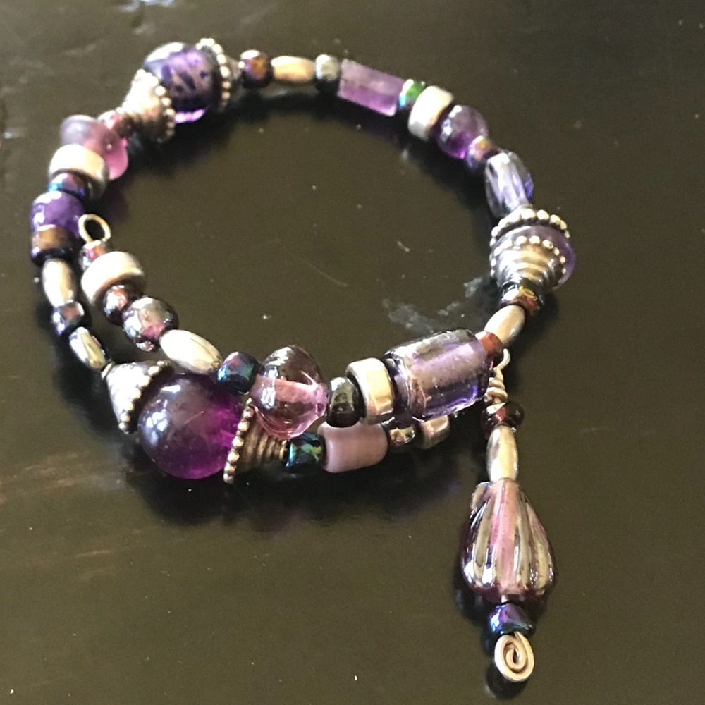 Stretchy Purple & Silver Glass Beaded Bracelet – Small